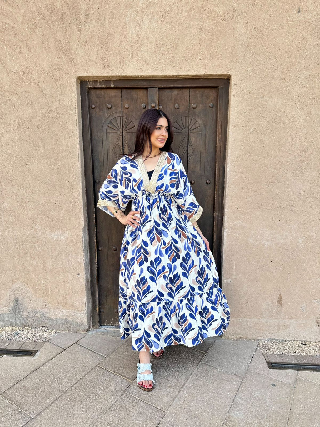 Leaf Print Boho Patterned Maxi Dress - Royal Blue & Brown