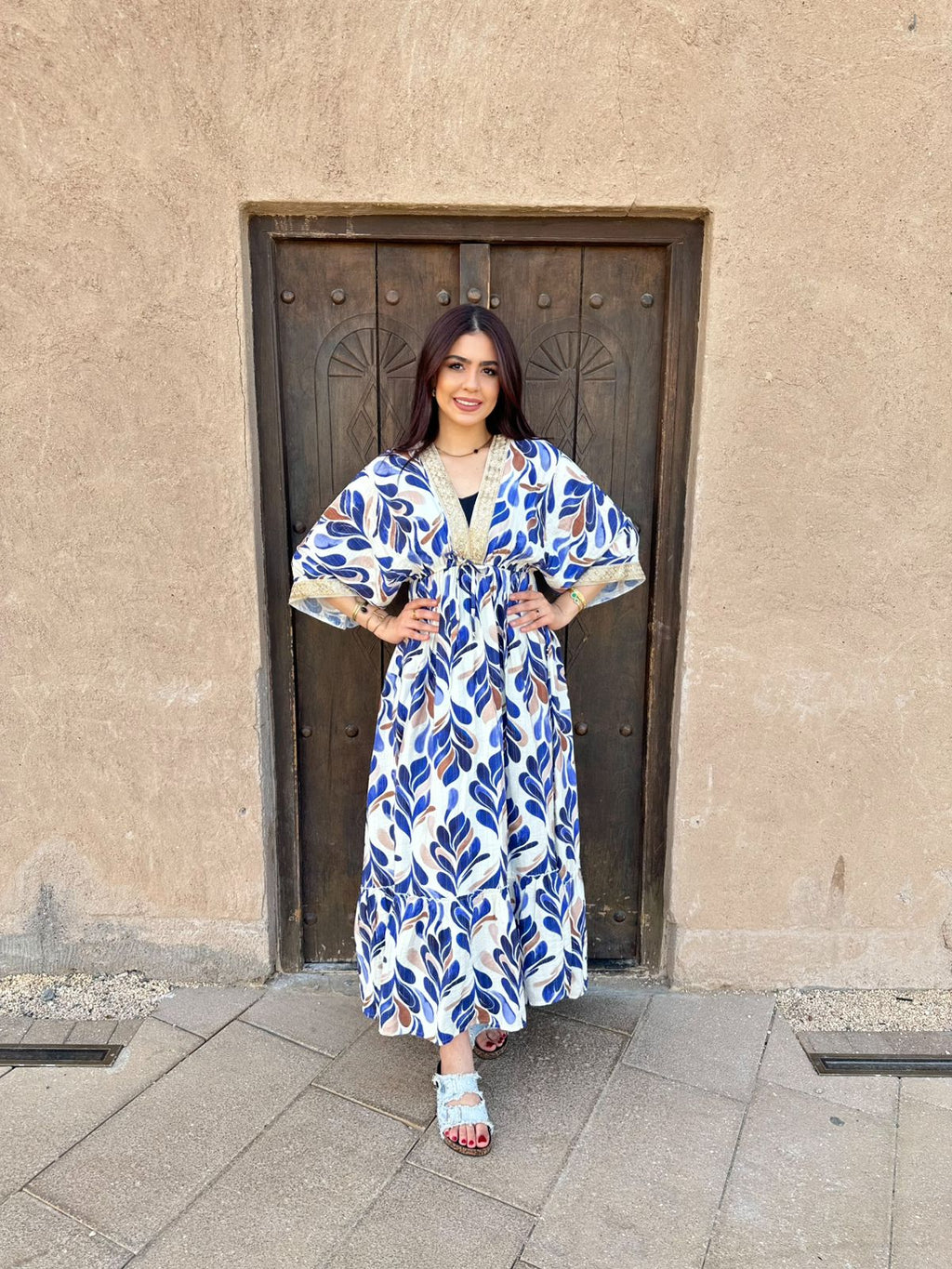 Leaf Print Boho Patterned Maxi Dress - Royal Blue & Brown