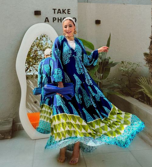 Azure" Vibrant Boho Patterned Maxi Dress - Blue & Lime Green