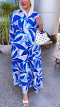 The 'Oasis' Tropical Leaf Maxi Linen Dress - Ocean Blue