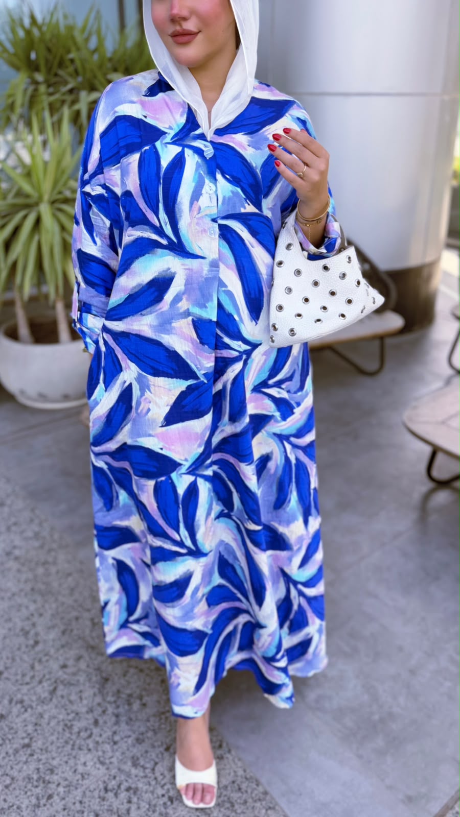 The 'Oasis' Tropical Leaf Maxi Linen Dress - Ocean Blue