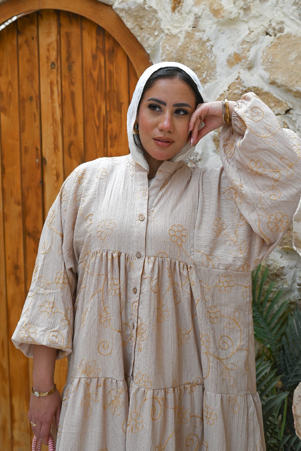 "Golden Bloom" Embroidered Boho Tiered Maxi Dress - Beige & Gold
