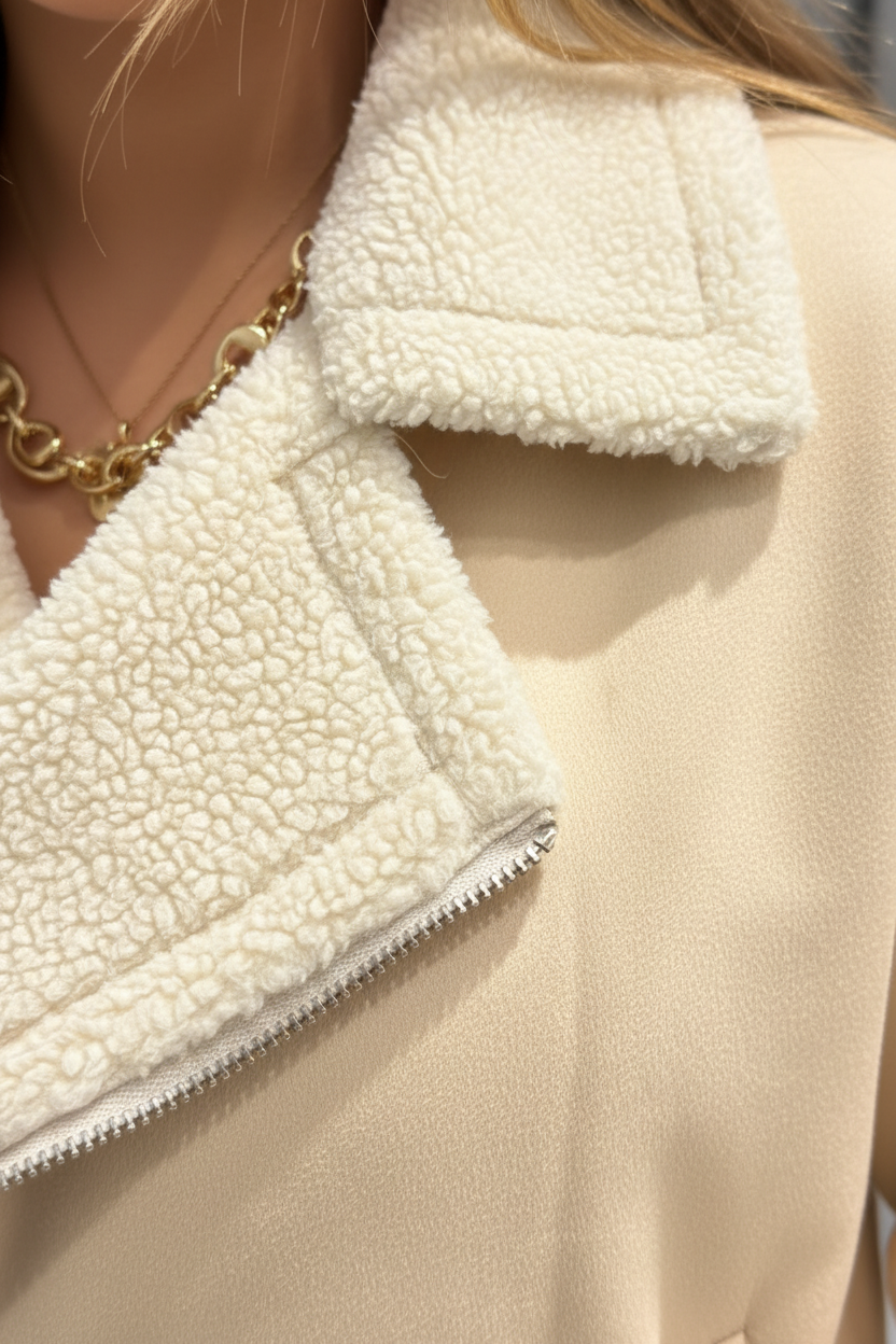 Close-up of fur collar and trim details